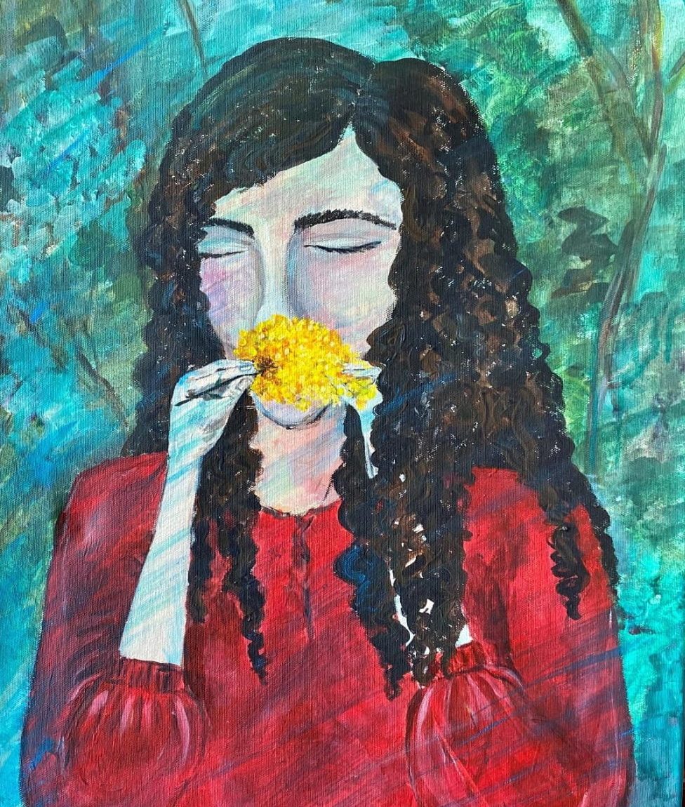 Çiçek Koklayan kız 
Teknik : Guaj Boya 
Ölçü : 60 x 35 cm 
Fiyat 1000 TL