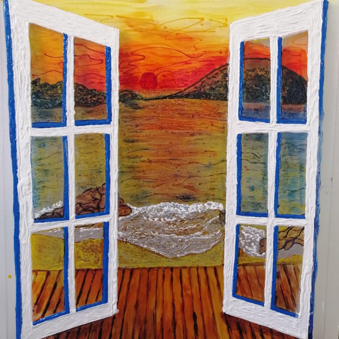 Penceremden Çatal Adası Teknik:Buzlu Cam Üzeri Cam Boyama
Ölçü:42 x 52 cm