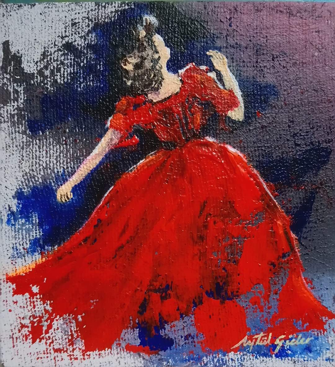 Kırmızı Elbiseli Kadın - Teknik: Tuval üzeri akrilik Ölçü: 22 x 22 cm Fiyat : 300 TL