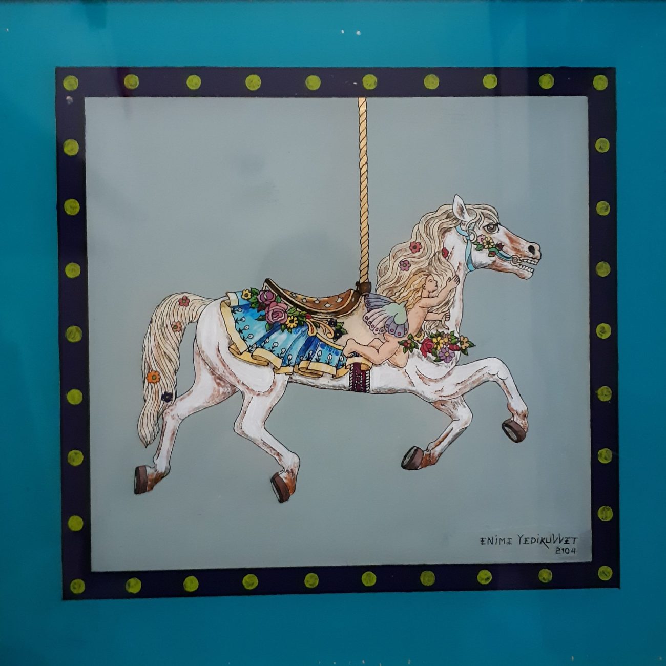 EMİNE YEDİKUVVET “Atlı karınca atı (Melekle koşu)” 46 x 44 cm. Cam altı resim 11.000 ₺ + KDV